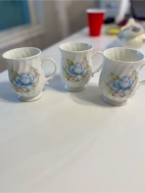 Blue Floral Porcelain Mugs - Set of 3